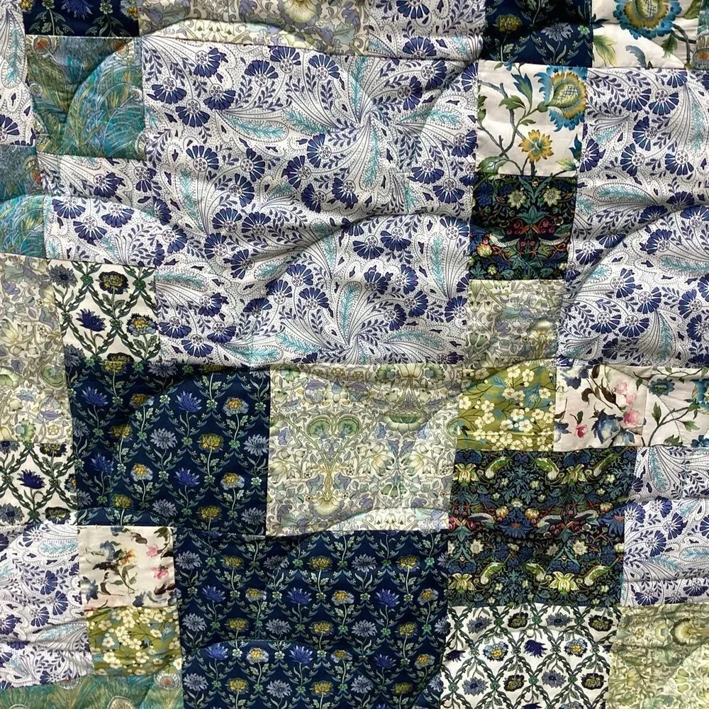 NWT. Hand Crafted Blues and Greens Gardens Quilt with Liberty Lawn Fabrics